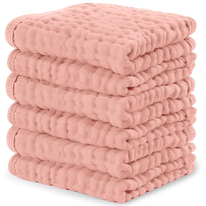 Comfy Cubs Muslin Baby Washcloths 6 Pack - Soft 6-Layer Cotton Wash Cloths for Sensitive Skin - 10"x10" Large, Gentle, Absorbent Infant Essentials for Newborn and Toddlers - Bold Blush