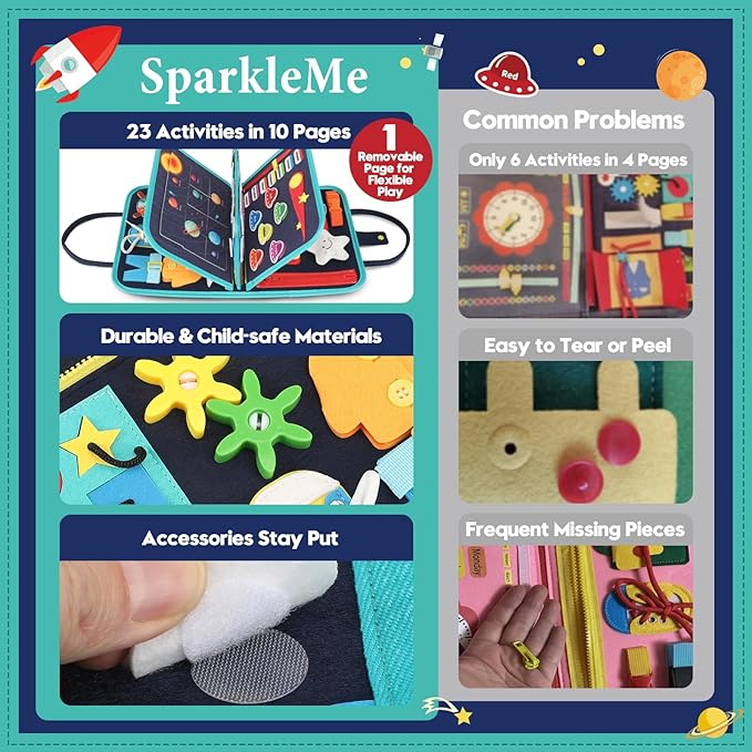 Toddler Sensory Busy Board: Travel Toy Activity Book for Girls Boys, Motor Skill Development Gift for Baby Aged 3-4 Years, Fine Educational Preschool Montessori Learning Toy for Car Airplane Space