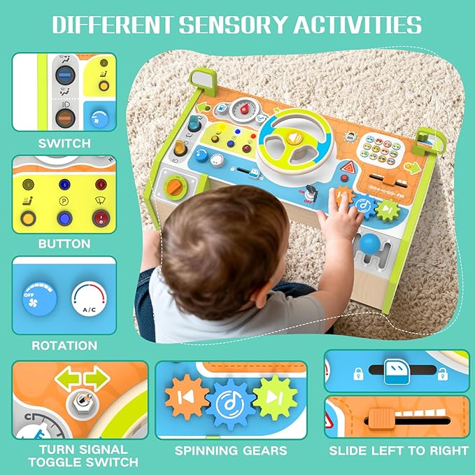 Montessori Busy Board Car Steering Wheel Toy for Toddlers 1-3, Wooden Sensory Activity Board with Light Sound, Educational Toys for Fine Motor Skills, Birthday Gift for Boys Girls