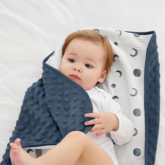 Susurration Baby Blanket for Unisex Boys Girls, 2 Pack Soft Fluffy Crib Blankets with Muslin Cotton Front and Dotted Fleece Back, Receiving Blanket for Baby Newborn Infant, 30x40in, Bluemoon&Navy Blue