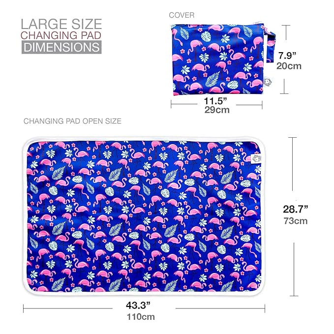 Flockthree Waterproof Baby Changing Pad with Storage Bag (43.3" X 28.7") Washable Wipeable Reusable Leak Proof Diaper Travel Mat Station Changing Mattress Liner Cribs Bed Cover, Flamingos