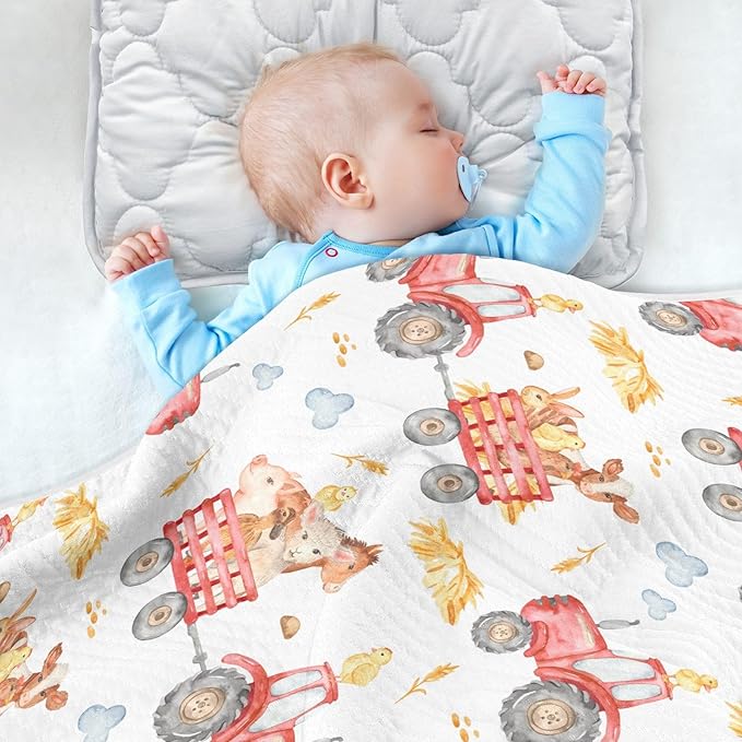 Ollabaky Animals Red Tractor Baby Blanket for Boys Girls Cotton Throw Blanket Swaddle Blanket for Crib Stroller Nursery Receiving Blanket Infant Toddler Unisex 30"x40"