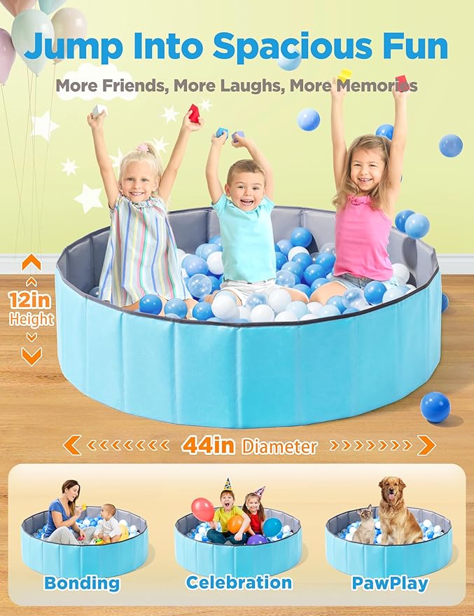 Hikiddy Large Ball Pit for Toddlers - 44in Baby Ball Pool with Playmat, Hold Over 1000 Balls, Foldable Play Pit for Kids Dogs Indoor and Outdoor Games, Party Toys Gifts, Balls Not Include (Blue)