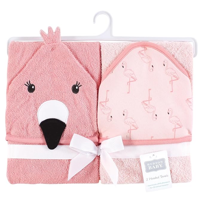 Hudson Baby Infant Girl Cotton Animal Face Hooded Towel, Pink Flamingo, One Size