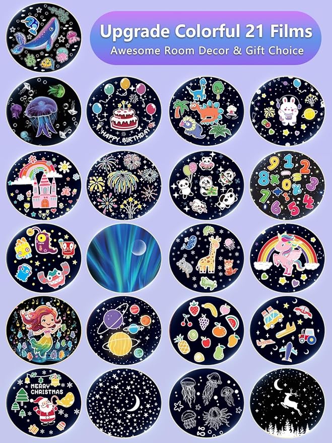 21 Sets of Films, Projector Night Light for Kids Bedroom, Ceiling, Kids Night Light Projector, Remote Control & Bluetooth Speaker, Rechargeable Music Timer Star Lamp for Girls, Birthday, Christmas