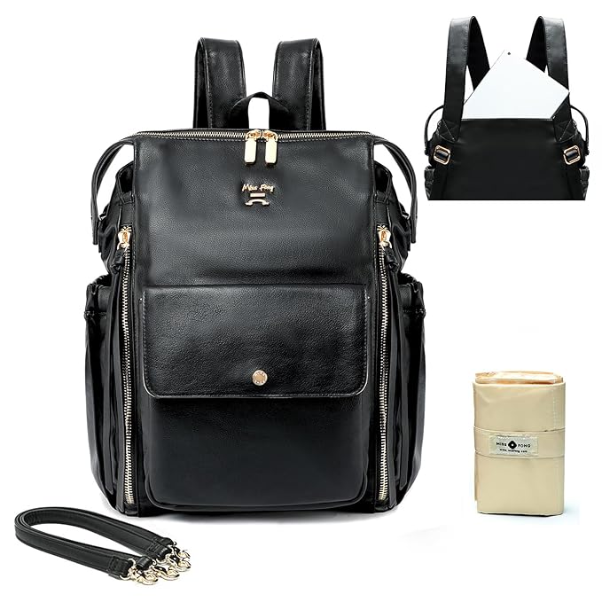 Miss Fong Leather Diaper Backpack - Baby Diaper Bag with 13 Pockets, Changing Pad, Stroller Straps, 4 Insulated Pockets (Black)