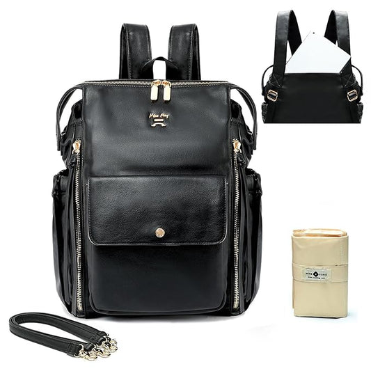 Miss Fong Leather Diaper Backpack - Baby Diaper Bag with 13 Pockets, Changing Pad, Stroller Straps, 4 Insulated Pockets (Black)