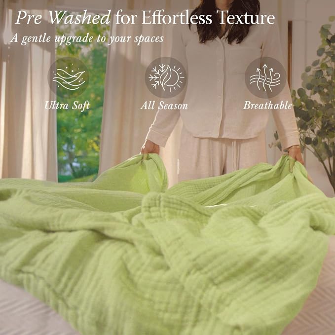 Threadmill Muslin Blanket for Twin Size Bed | 4-Layer Gauze Cotton Throw | Pre Washed, Soft, Breathable, and Lightweight for All Seasons | Ideal Summer Throw Blanket or Bed Blanket | Sage Green