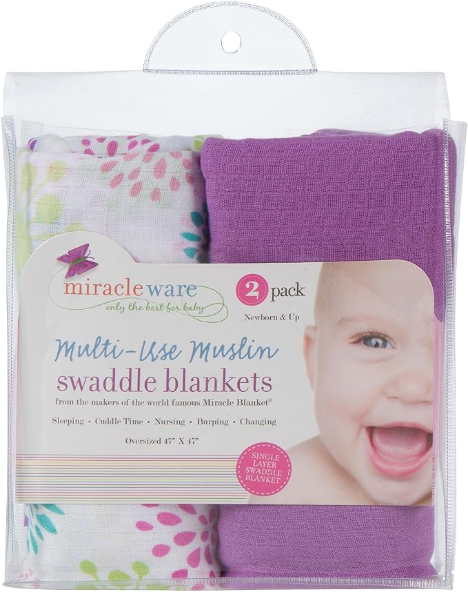 Miracle Blanket Soft Muslin Swaddles Newborn Nursery Sleep Essential - Pack of 2 Warm Wraps (Color Bursts)