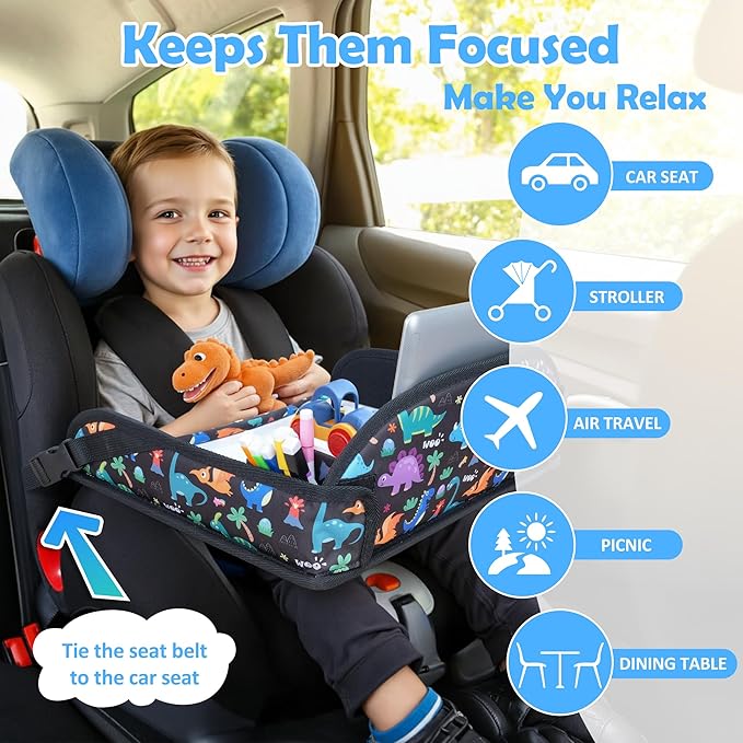 2Pcs Kids Travel Tray for Toddler Carseat, Road Trip Activities Essentials for Toddler, Kids Lap Desk Tray with Tablet Holder Stand ï¼?Dry Erase Board (Dinosaur & Mermaid)