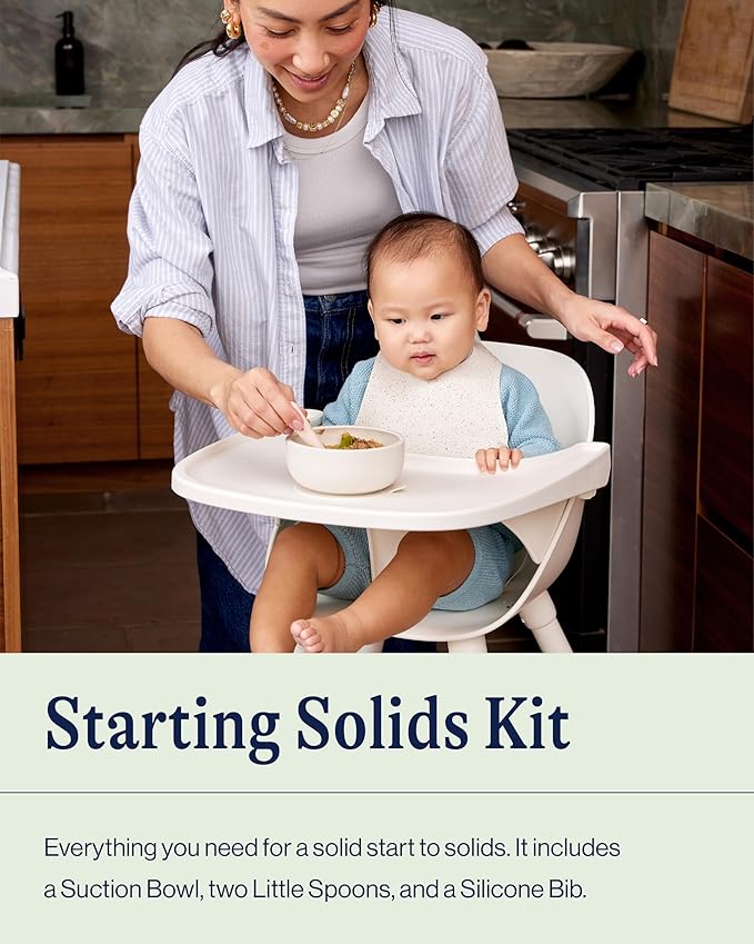 Lalo First Bites Starting Solids Silicone Baby Feeding Set with Suction Bowl, 2 Spoons and 1 Bib - 4-Piece Baby-Led Weaning Supplies - Non-Toxic Silicone Infant Tableware - Sage