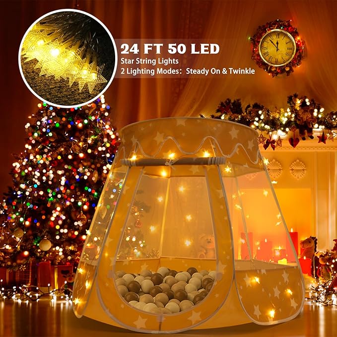 Crayline Pop Up Princess Tent with Star Light, Toys for 1 2 3 Year Old Girl Birthday Gift, Ball Pit for 12-18 Months Baby Girl Gifts Toddler Toys, Easy to Pop Up and Assemble(Brown)