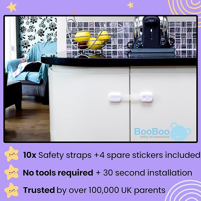 Booboo® (10 Pack) Premium Cabinet Locks Baby Proofing, Child Proof Cabinet Locks, Cupboard Locks for Children with 3M Adhesive + 4 Extra Stickers
