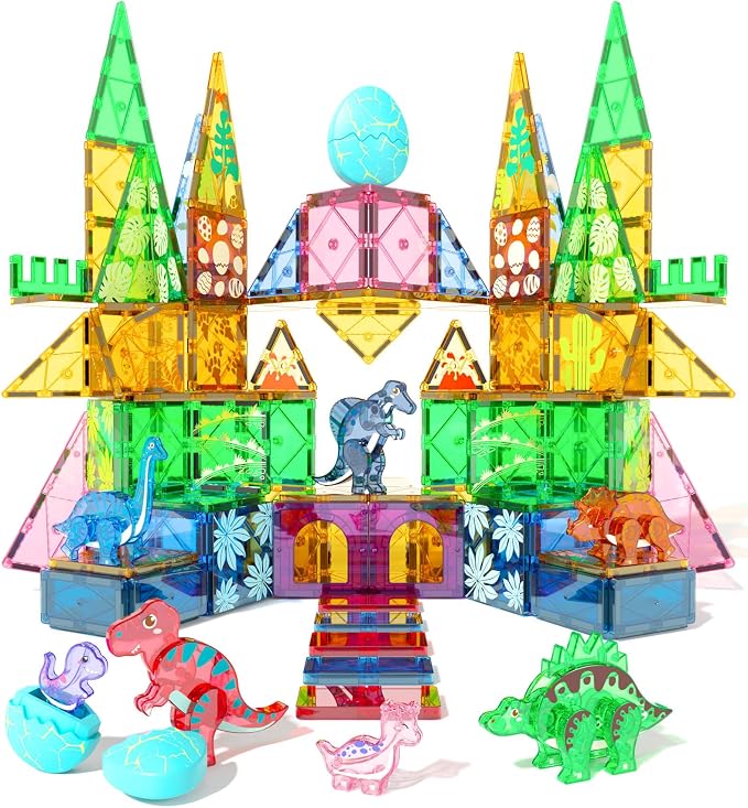 Dinosaur Toys Magnetic Tiles Set - 2 Eggs, 2 Baby Dinos & 5 Large Dinosaurs for Kids 3-5, 105pcs Magnetic Building Blocks for Toddlers 1-3 4-8，Magnet Tiles Educational Toy for Boys Girls