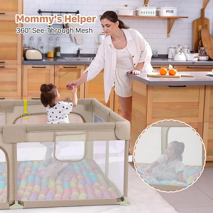 Dripex Large Baby Playpen 71"x47", Big Play Pens for Babies and Toddlers- Indoor & Outdoor Kids Safe Play Area, Soft Breathable Visible Mesh, Anti-Fall & Anti-Slip Design Baby Fence, Khaki