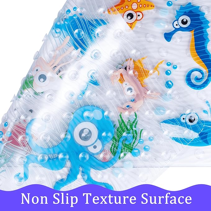 Cute Cartoon Non-Slip Bath Mat for Tub - Anti-Slip Kids Bathtub Mat, Slip-Resistant Shower Mat for Bathroom Safety, 35 X 15.3 Inch, Easy to Clean (Blue Ocean)