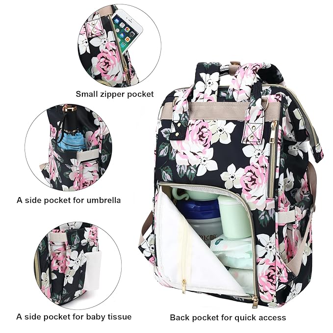 Floral Diaper Bag Backpack for Baby Girls, Mom Waterproof Large Nappy Bags for Women (Flowers)