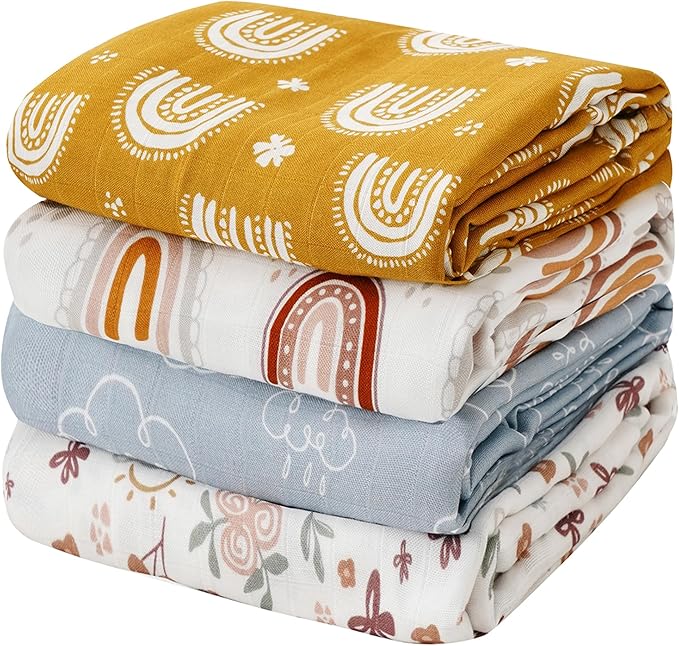 4 Set Muslin Swaddle Blankets for Newborn Baby Boys, Girls,Receiving Blankets-Cute Soft Print Baby Towel Wrap 120x110cm Baby(White)