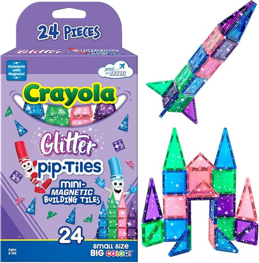 CreateOn Crayola Mini Magnetic PIP-Tiles, Building Set for Kids, Magnetic Building Toys for Kids, STEM Travel Toys for Boys and Girls Ages 3+, 24-Piece Set (Glitter)