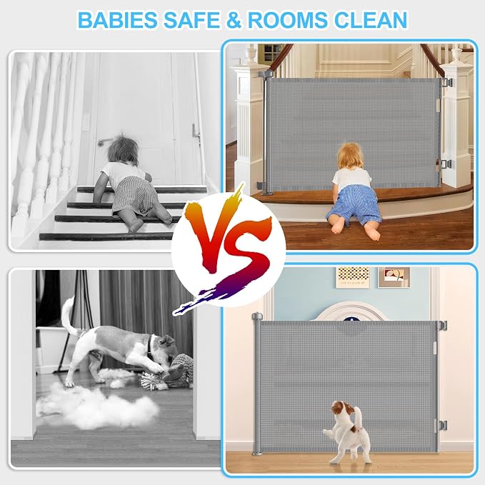 55 Inch Retractable Baby Gates Extra Wide, 41 Inch Reinforced Extra Tall Gate Mesh Safety Gate for Kids Pets, Retractable Dog Gate Baby Retractable Gate for Stair Hallway Doorway Indoor Outdoor, Gray
