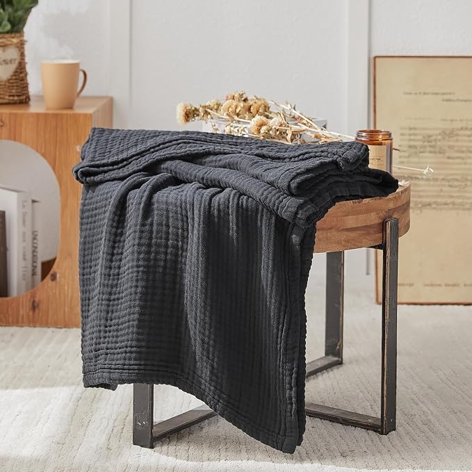EMME Cotton Muslin Large Throw Blanket Couch 4-Layer Breathable Gauze Blanket Soft Lightweight Bed Blankets Adults (Black, 50"x71")