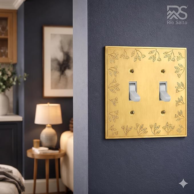Rio Salto Double Toggle Light Switch Cover Plate Flip Switch Outlet Covers Decorative 2 Gang Electrical Socket Wall Plate Metal Protector Brushed Brass Gold Finish ??Floral Collection, Midsize 5" X 5"