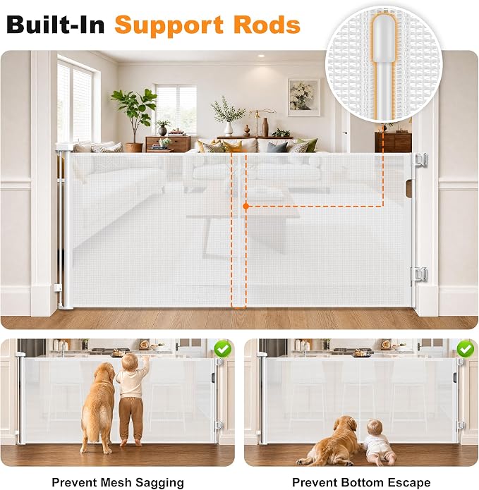 Reinforced Retractable Baby Gates 70” Wide Retractable Gate | with Support Rods to Prevent Bottom Escape, 33” Tall Mesh Dog Gate for Stairs, Doorways, Hallways, Decks, Indoor/Outdoor
