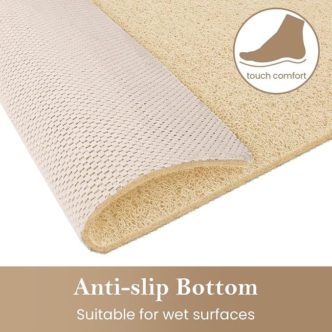 Shower Mat Bathtub Mat Non-Slip,36x16 inch, Soft Tub Mat with Drain,PVC Loofah Bath Mat (Phthalate Free) for Tub and Bathroom,Quick Drying,Khaki