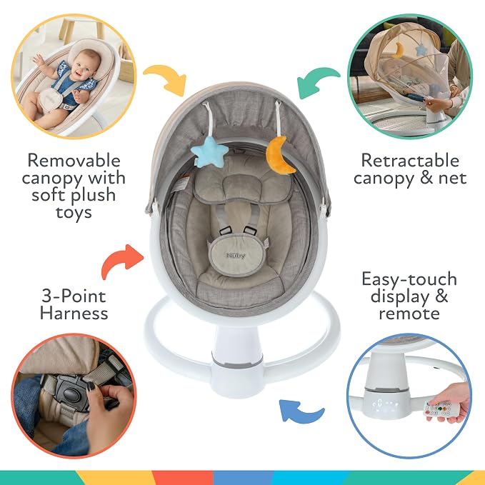 Nuby Baby Swing with Canopy and Remote - 5-Level Infant Swing with Soothing Sounds and Mobile App Control - 0-9 Months - Tan