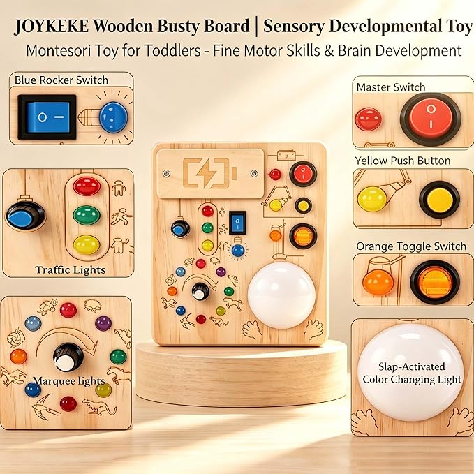 Montessori Busy Board, Slap-Activated LED Toy for 1-4 Toddlers | Sensory Switch Board, Fine Motor Skills Educational Learning Toy, Travel Friendly, Birthday & Holiday Gift for Boys Girls
