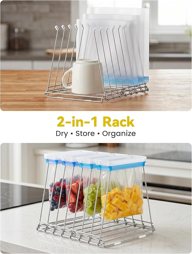 NiHome 2-in-1 Foldable Drying Rack – Stainless Steel Holder for Ziplock Bags, Plastic & Silicone Storage Bags, Cups, Dishes, and Baby Bottles. A Rust-Resistant Kitchen Drying Stand