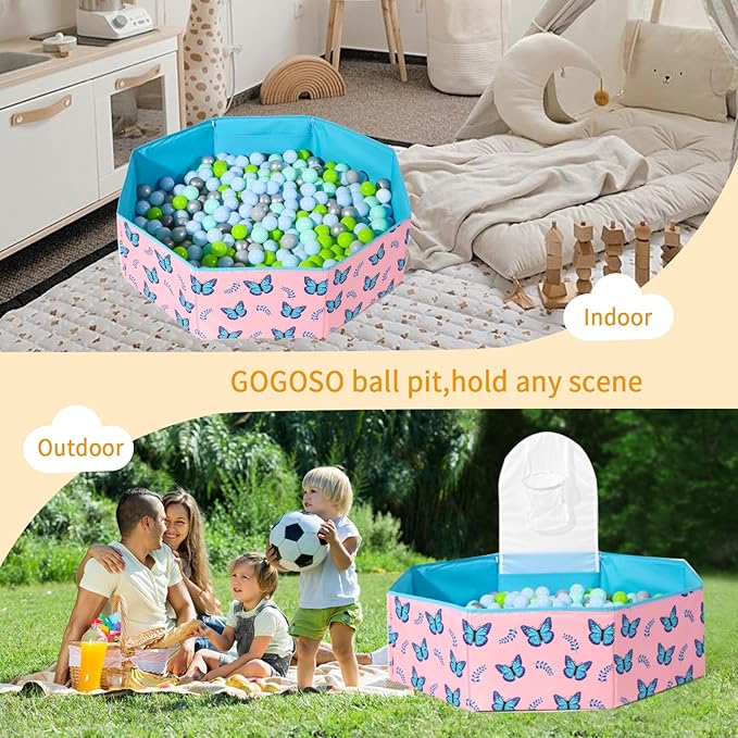 GOGOSO Foldable Ball Pit for Toddlers Large Soft Indoor Outdoor Pop Up Baby Kids Infant Ballpit Big Collapsible Puppy Dog Cat Pits with Basketball Hoop (Balls Not Included) Butterfly