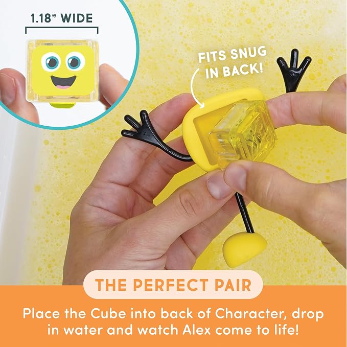 Glo Pals Water-Activated Light-Up Sensory Bath Toy Character and 6 Cubes for Bathtime and Sensory Play, Alex, Glows Yellow