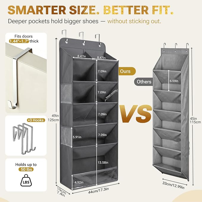 6 Tier Hanging Shoe Organizer – 100D Extra Thick Deep Pockets, Shoe Rack for Closet, Shoe Rack for Entryway, Shoe Organizer for Closet, Over the Door Shoe Organizer with 4 Side Pockets (Light Gray)