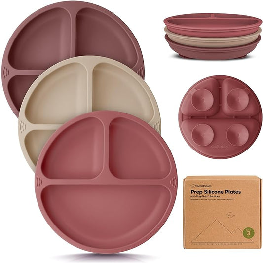 KeaBabies Suction Plates for Baby, Toddler - 3-Pack 100% Silicone Toddler Plates with Suction, Divided, BPA-Free Baby Led Weaning Essentials for Kids, Dishwasher, Microwave Safe, Durable (Burgundy)