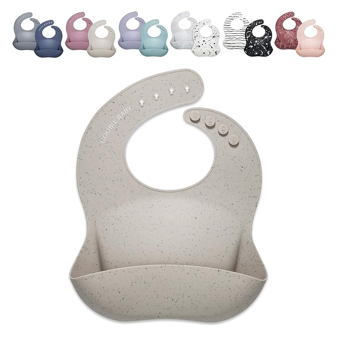 Goobie Baby Silicone Baby Bib with Food Catcher - Adjustable Waterproof Feeding Bib for Babies and Toddlers 4 to 36 Months for Girl and Boy - Modern, Soft, Easy to Clean (Speckled Sand)