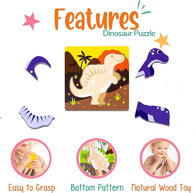 Klevly 6 PK Dinosaur Wooden Toddler Puzzles Ages 2-4 | Wooden Puzzles for Toddlers 18 Months to 3 Yrs | Montessori Toys for 2 Year Old | Learning Toys for 2+ Year Olds