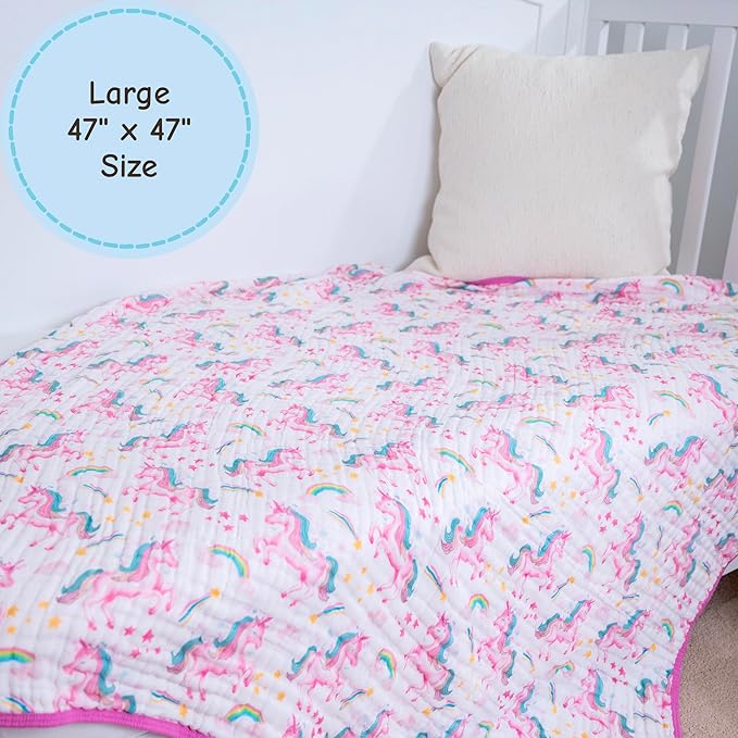 LollyBanks Baby Blanket, 100% Organic Cotton Muslin Baby Quilt for Girls, Large 47 x 47 Inches, 6 Layers Soft and Breathable Toddler Blanket, Cozy Newborn Nursery Blankets, Registry (Unicorn Print)