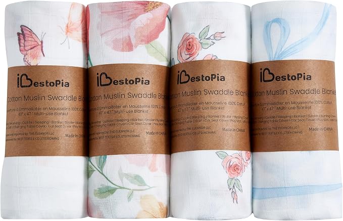 4-Pack Muslin Swaddle Blankets 47x47-100% Cotton Breathable Receiving Blankets for Newborn Baby, Soft Swaddling Wraps, Blossom Bow Garden