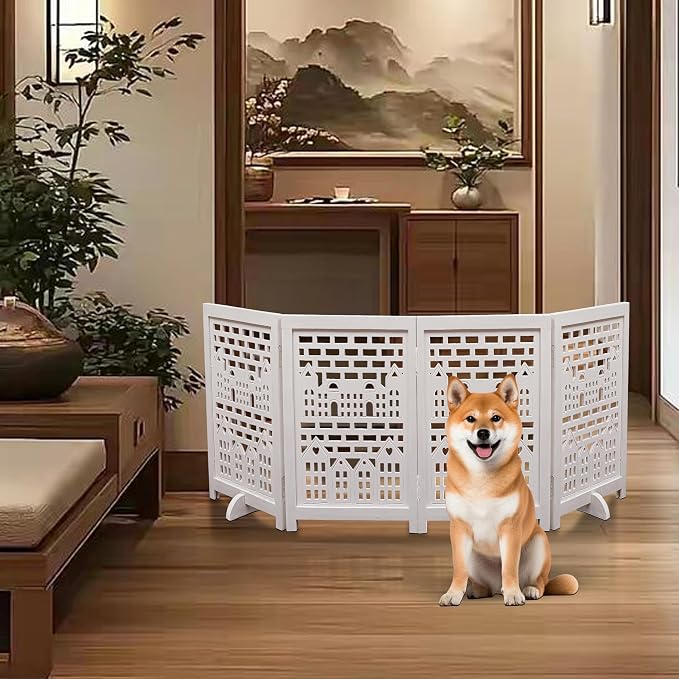 Freestanding Pet Gate for Dogs, Foldable Wooden Dog Gate for House, Indoor Dog Gate for Stair, Doorway, House Design Gates for Dogs Indoor, 72 Inch Wide, (18" x4 Panels =72 inch), White Antique