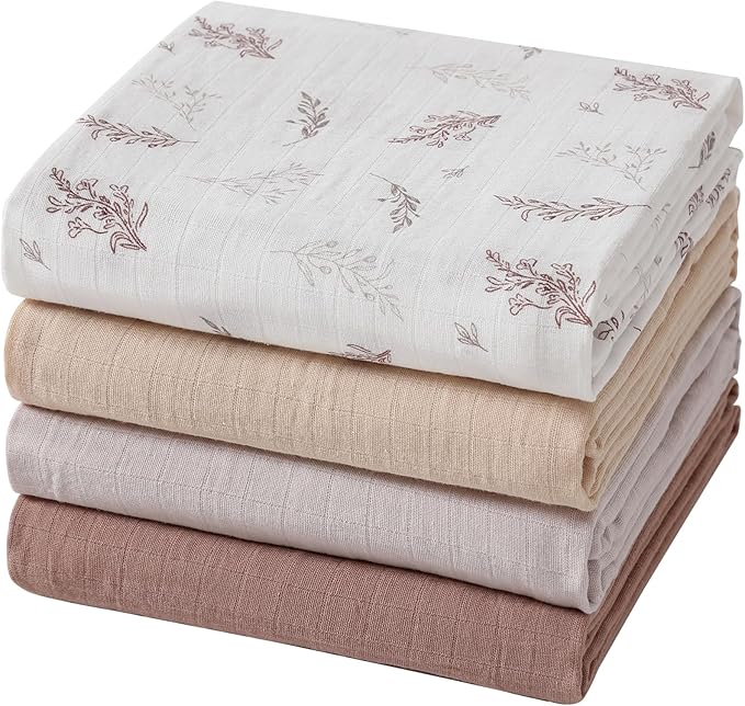 POMISO Muslin Swaddle Blankets for Boys & Girls, Newborn Receiving Blankets, 4 Pack Soft Breathable Baby Swaddles, Large 47x47 Inches, Leaves & Warmth Colors