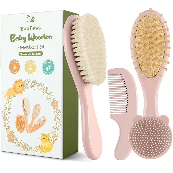 Yoofoss 4 Piece Baby Hair Brush and Comb Set，Wooden Baby Hair Brush with Natural Ultra Soft Goat Hair, Baby Comb Set for Boy, Girl - Pink