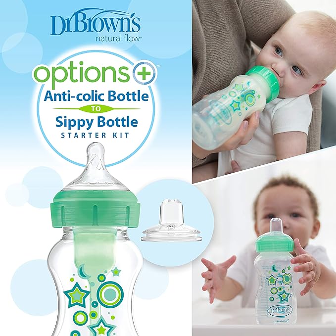 Dr. Brown's Anti-Colic Options+ Wide-Neck Sippy Bottle Starter Kit, 9oz/270mL, with Level 3 Medium-Fast Flow Nipple and Soft 100% Silicone Sippy Spout, Green, BPA-Free, 6m+, 2-Pack