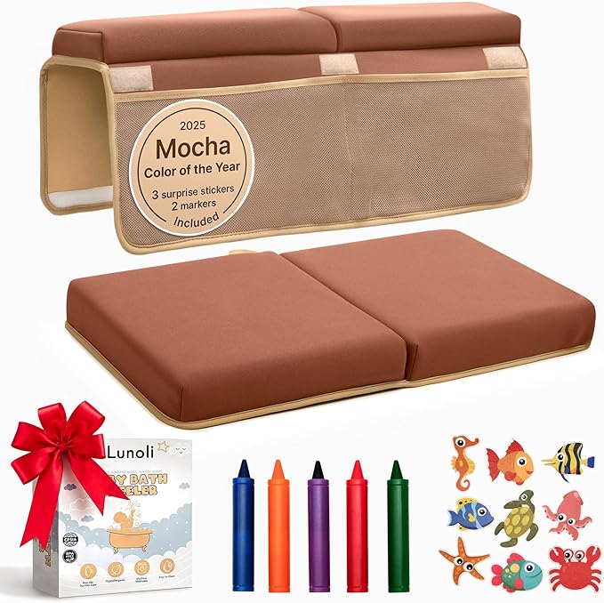 Baby Bath Kneeler and Elbow Rest Pad Set ??1.8??Thick 2025 Color of the Year Mocha Mousse Memory Foam Kneeling Pad & Elbow Cushion with 6 Suction Cups, 4 Mesh Pockets, Waterproof & Machine Washable