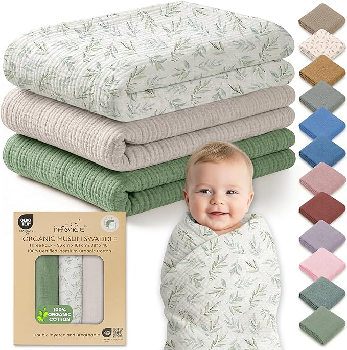 100% Organic Cotton Muslin Baby Blanket - 38x40 Inch Breathable Swaddle, Hypoallergenic Double-Layer, Versatile Use (Green/Ivory/Floral, 38x40 Inch)