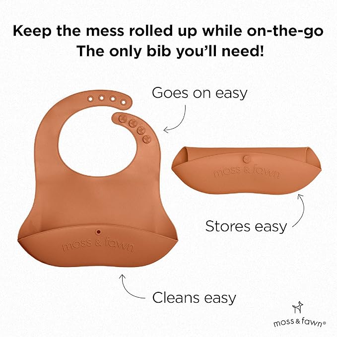Moss and Fawn Gather & Roll Bib - Washable Waterproof Silicone Baby Feeding Bib - BPA, Lead, & PVC-Free