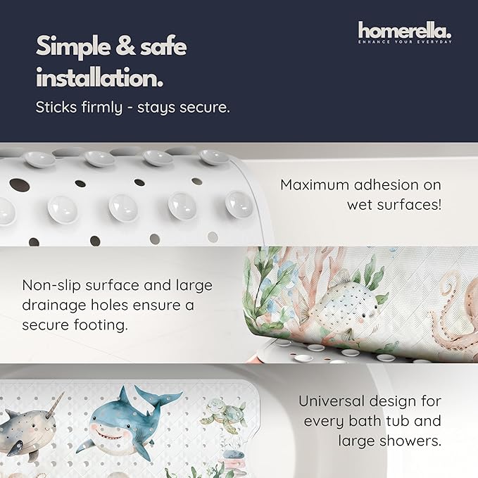 Bathtub Mat Non Slip Anti Mold Kids 35x16- homerella® Bath Mat for Tub, BPA Free,Incl. 2 Hooks, Washable Shower Mat Non Slip Anti Mold,Shower Mats for Inside Shower,EU Certified