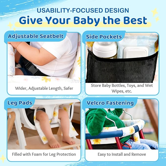 Portable Baby Shopping Cart Seat, High Chair Cover for Outdoor, One-Hand Installation Cart Seat Cover, Comfortable and Supportive Foam-Padded, Grocery Cart Baby Seat ??Floral