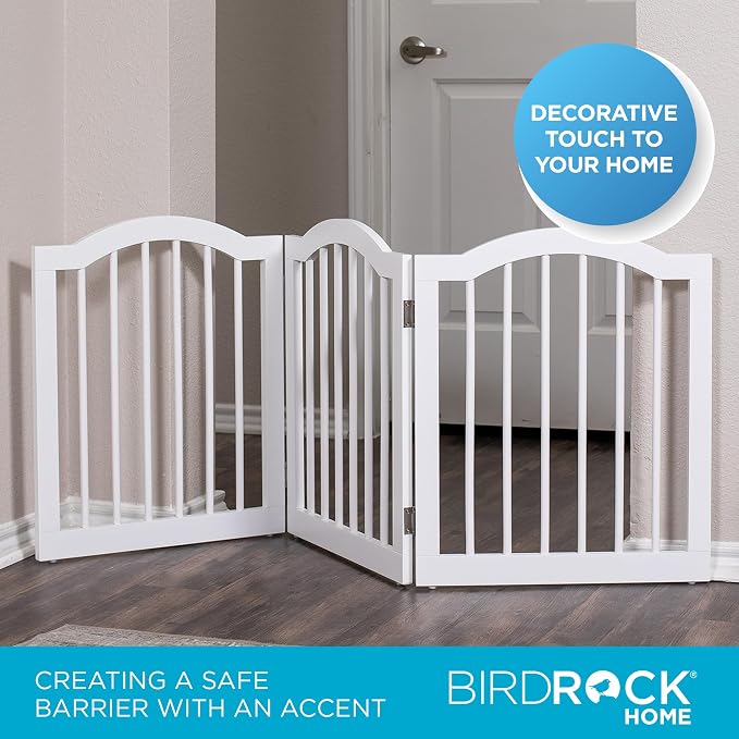 INTERNET'S BEST Arched Top Dog Gate | 3 Panel, 24" H Wooden Pet Barrier for Dogs or Cats | Freestanding Folding Room Divider for Doorways, Hallways, Stairs, and Porch | Portable, Extra Wide | White
