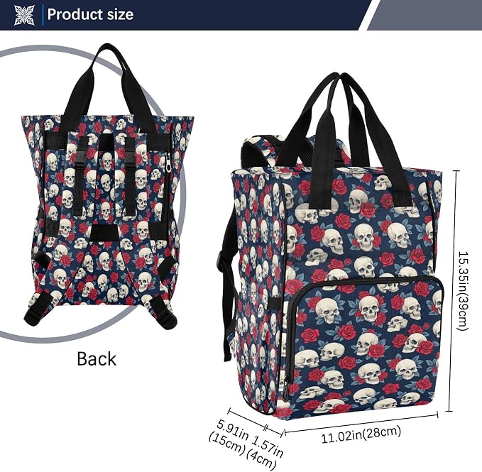 Tiny Skulls Red Roses Diaper Bag Insul Pockets Mom Dad